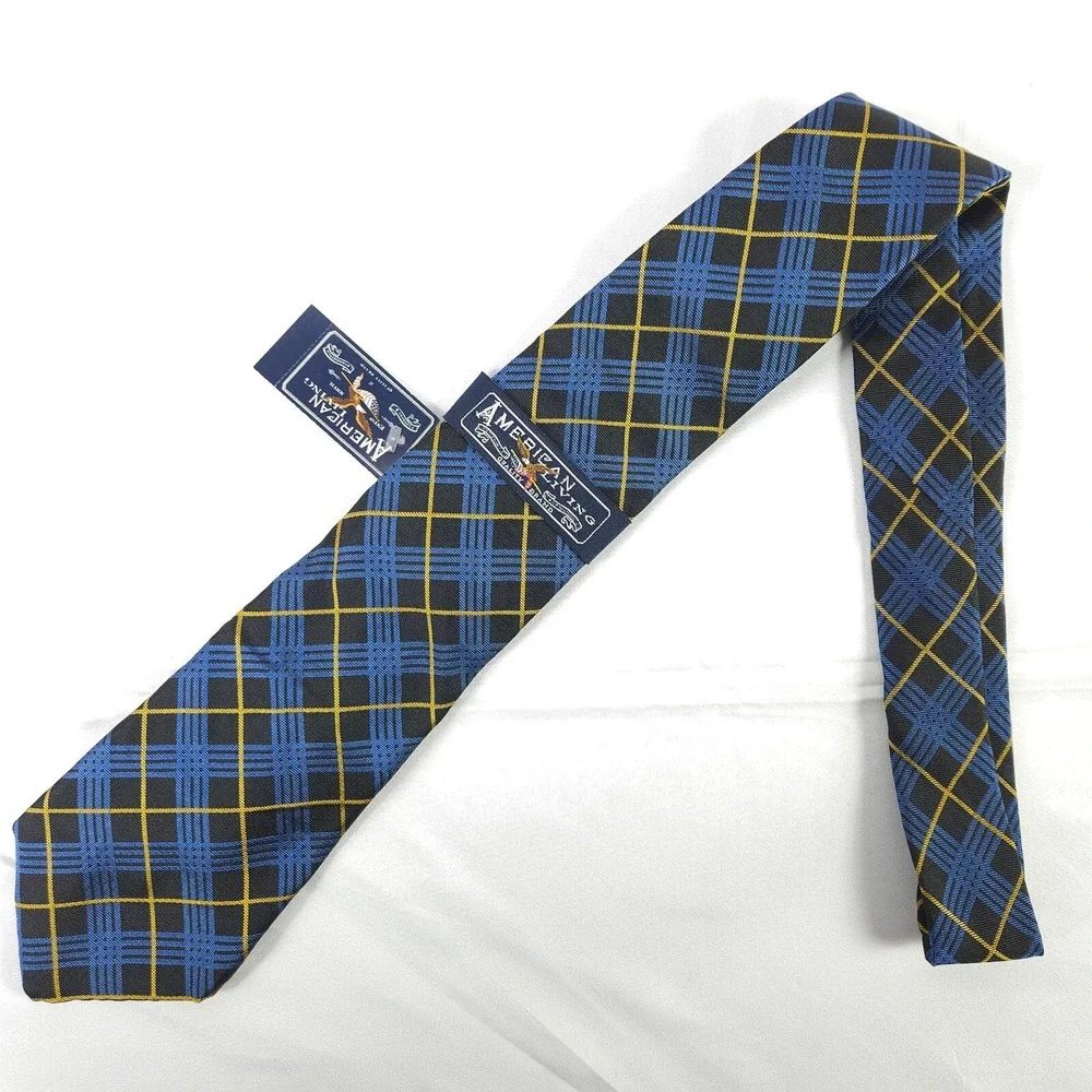 Men's American Living Blue Black Argyle 100% Silk Necktie New Tags